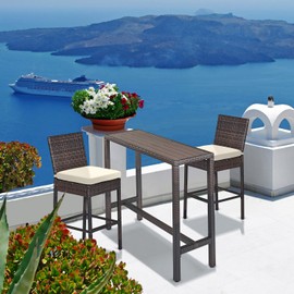 Outdoor Bar Table Patio Counter Height Table 45" Long Wicker High Top Pub Table Tall Console Table Rectangle Narrow with Adjustable Feet for Hot Tub Balcony Garden Outside Pool Deck Backyard Brown