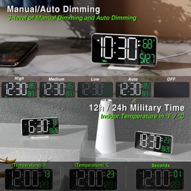 KOSUMOSU Digital Clock for Bedroom, 6.7" Desk Clock LED with Day of Week, Auto Dimming,Indoor Temperature, Clocks for Living Room, Alarm Clocks for Bedrooms