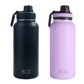 BOZ Stainless Steel Water Bottles 2 Pack Bundle - Black Water Bottle + Lavender Water Bottle - Insulated Water Bottles 1l - Wide Mouth BPA Free Metal Water Bottles for Gym with Spout Lid