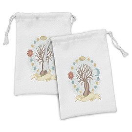 Lunarable Sun and Moon Fabric Pouch Set of 2, Tree of Life Hand Drawn Artwork Surrounded by Stars Cosmic, Small Drawstring Bag for Toiletries Masks and Favors, 9" x 6", Multicolor
