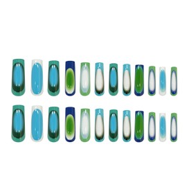 Press on Nails Long Green Blue French False Nails Square Fake Nails Artificial Acrylic Nails Simple Fashion Design Full Cover Glossy Reusable Coffin Nails Glue on Nails for Women 24Pcs