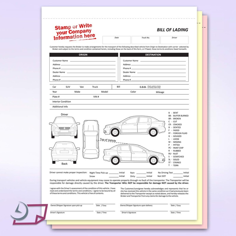 Vehicle Transport Bill of Lading (BOL) Form, 3 Part Carbonless
