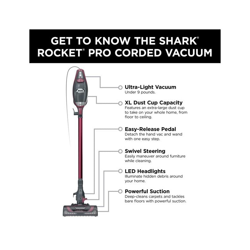 SHARK HV370 Rocket Pro Corded Stick Vacuum, Comet Red (Renewed)