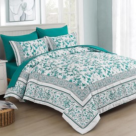 Dobuyly Floral King Size Comforter Set, 7 Piece Bed in a Bag King Aqua Flowers on White Botanical Bedding Set, Soft Microfiber Green Comforter Sets with Sheets for All Season