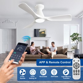 Depuley Ceiling Fans with Lights and APP: Flush Mount Low Profile Ceiling Fan for Bedroom - Dimmable Indoor Outdoor Fan with Remote Control White 3 Blade Ultra Quiet DC Motor Timer