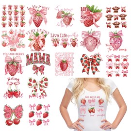 EoBeCy 20 Sheets Strawberry Coquette Iron on Transfers for T-Shirts, Pink Bow DTF Transfers Ready to Press Heat Transfers Vinyl, Iron on Patches Decals for Clothing Bag Pillow Covers DIY Crafts