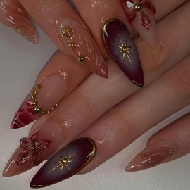 LYMCY Press on Nails, Flower Pearl Rhinestone Fake Nails, Artificial Nails for Women and Girls -24 pcs