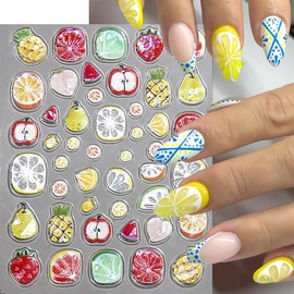 2Pcs Summer Fruit Lemon Nail Stickers for Nail Art Embossed 5D Self-Adhesive Pineapple Cherry Nail Decals Grapes Nail Art Stickers Apple Nails Sticker Strawberry Nail Design for Women DIY Nails Decor