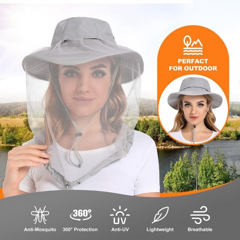 Mosquito Sun Net Hat Cap - Foldable Bug Hat UPF