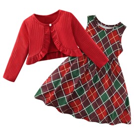 Bkixhv Toddler Baby Girl Cotton Dress Cardigan 2 Pcs Christmas Outfit Buffalo Plaid Sleeveless Dress Set 5-6 Years Old