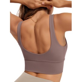 ODODOS Women's Longline U-Back Sports Bra V-Neck Padded Yoga Workout Wirefree Tank Top, Purple Taupe, Medium