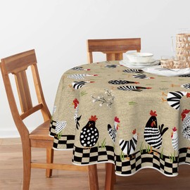Horaldaily Rooster Rustic Country Tablecloth 60×60 Inch Round, Rooster Flax Washable Seasonal Table Cover for Party Picnic Dinner Decor
