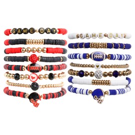 ZAGQIG Game Day Bracelets for Women Stackable Red Black White Blue Heishi Beaded Elastic Football Bracelet Friendship Layering Bangles Sports Charm Stretch Boho Y2K Bracelet for Mom Outfit