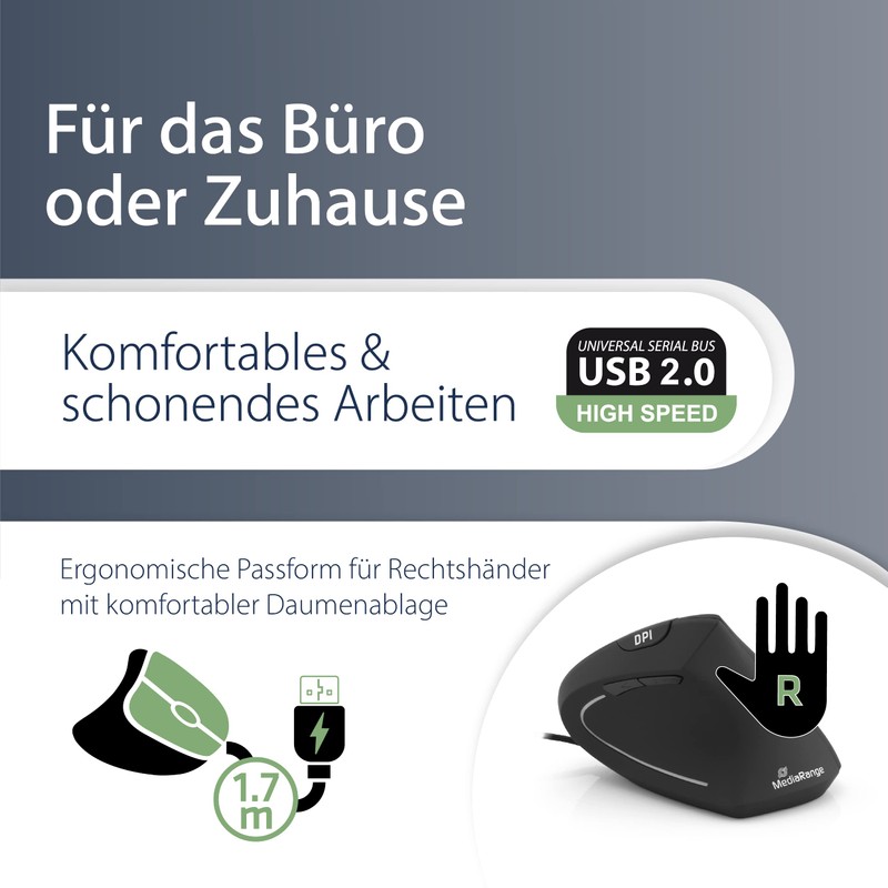 MediaRange ergonomische 6-Tasten Maus mit optischem Sensor für Rechtshänder, kabelgebunden,