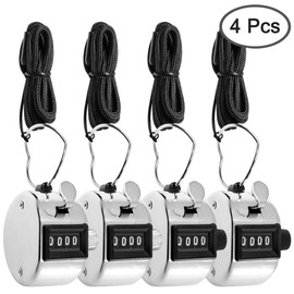 AFUNTA 4 PCS 4 Digit Hand Tally Counters Hand Held & 4 Lanyard, Mechanical Manual Clicker Number Lap Tracker with Metal Finger Ring Hoop Holder Fit Stadium Coach - Silver