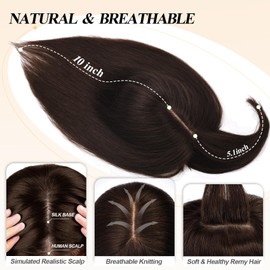 POWERASIA Real Human Hair Toppers for Women with Bangs - 150% Density, 7 * 13CM Silk Base Clip-in Hair Pieces, Straight Hairpiece Wiglets, 10 Inch #2 Dark Brown A2