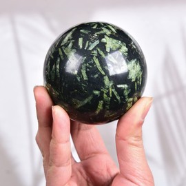 AMOYSTONE Decorative Ball Natural Healing Crystals Sphere Dark Green Stone Ball Polished Divination Ball 61-70mm Polished Crystal Sphere with Wood Stand for Meditation, Yoga