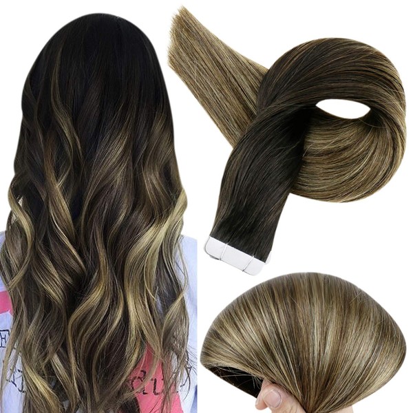 Fshine Balayage Tape in Hair Extensions Human Hair 20 Inch Seamless Skin Weft Hair Extensions Dip Dyed Color 1B Fading to 6 and 27 Honey Blonde 20 Pcs 50 Gram Straight Tape in Hair