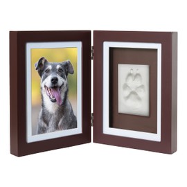 Better World Pets Paw Print + Photo Keepsake Frame Holds 4 x 6 inch or 5 x 7 Picture – Memorial Clay Imprint Kit – for Dogs and Cats – Perfect for Pet Lovers – Hinged for Desktop, Brown