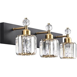 PRESDE Black Gold Crystal Bathroom Vanity Lights Fixtures Over Mirror Modern 3 Light Bath Wall Lighting