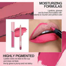 LYNTYAOU Rose Red Lipgloss Set, Pink Lipstick Lip Liner Pencil, 2 in 1 Liquid Lips Gloss Stain, Nude Long-Lasting Tinted Balm, Smudge-Proof Stick Lipliner Pen Kit, Makeup Gift for Women