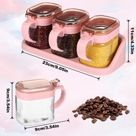 Lemecima 3 Pcs Pink Sugar Coffee Container Set Glass Condiment Jar Spice Container Station Organizer Set with Lable Stickers Scoop for Bean and Sugar Candy, Oats, Nuts