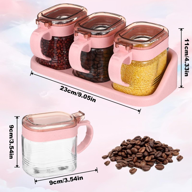 Lemecima 3 Pcs Pink Sugar Coffee Container Set Glass Condiment
