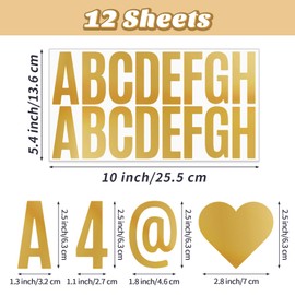 12 hojas de calcomanías de números de letras de 2.5 pulgadas, kit de números de letras de vinilo dorado, calcomanías autoadhesivas para buzón, aula, hogar, decoración de ventanas