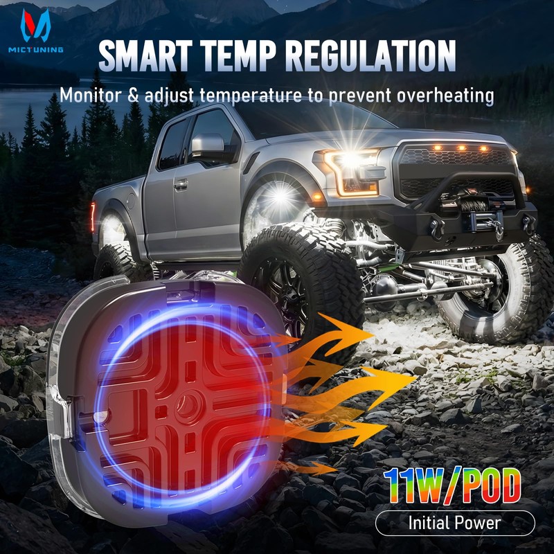 MICTUNING C6 White Rock Lights 4 Pods, Spot & Flood