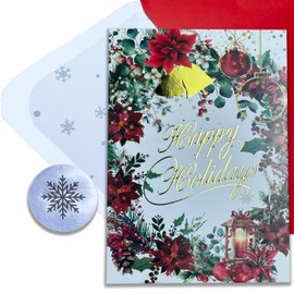 Luxury Happy Holidays Cards - 14 Premium Boxed Christmas Greeting Cards with 3D Embossed Gold Foil, Thick Premium Paper, Red Envelopes with Silver Snowflake Lining, and Durable Silver Foil Stickers - 5x7 Holiday Card Set by Run2Print