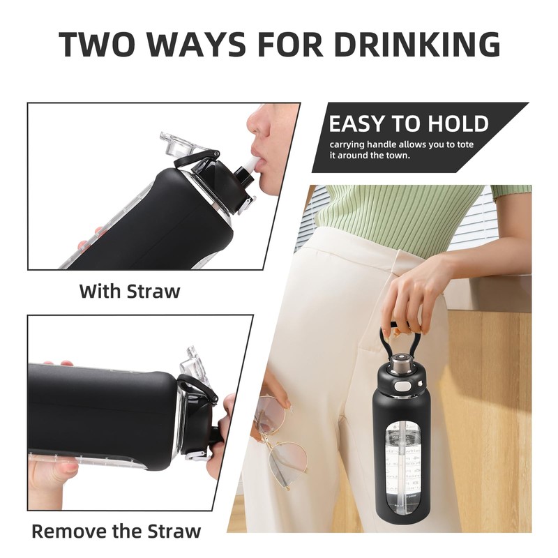 SIEROZUR 32 Glass Water Bottle with Straw and Handle Motivational