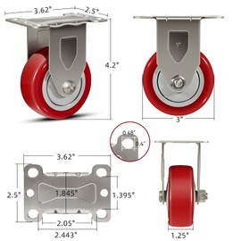 NINOSO 3" Caster Wheels, Stainless Steel Casters Set of 4 Heavy Duty, Anti-Corrosion Polyurethane Industrial Caster Wheels for Cart (2 Swivel& 2 Rigid)