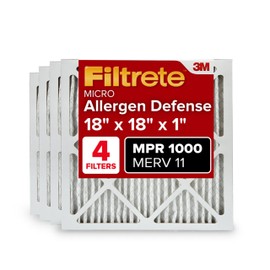 Filtrete 18x18x1 AC Furnace Air Filter, MERV 11, MPR 1000, Micro Allergen Defense, 3-Month Pleated 1-Inch Electrostatic Air Cleaning Filter, 4 Pack (Actual Size 17.81 x 17.81 x 0.81 in)