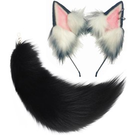 Lupidyyxun Cat Wolf Fox Ears and Tail Set Therian Gear Tail for Girls Furry Fox Tail Keychain Therian Stuff Costume (Black)