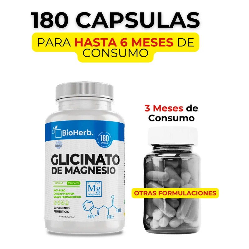 Glicinato De Magnesio 100% Puro Bioherb 180 Cápsulas 500mg Sabor