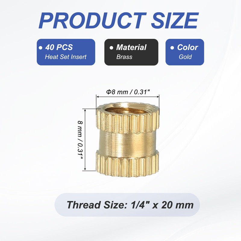 PATIKIL 40 Pcs Threaded Inserts Heat Set, 1/4"-20x8x8mm Female Brass