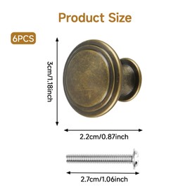 Antique Brass Cabinet Knobs 6 Pcs, Vintage Drawer Handles Copper Round Cupboard Knobs 30mm Antique Style Kitchen Cupboard Handles Zinc Alloy Wardrobe Door Knobs with Screws for Cupboards Drawe