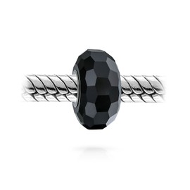 Solid Black Faceted Murano Glass .925 Sterling Silver Core Spacer Bead Fits European Charm Bracelet For Women Teen