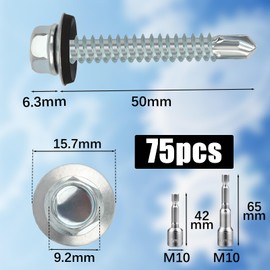 Pack of 75 Trapezoidal Sheet Metal Screws Self-Tapping Screws with Sealing Washer 6.3 x 50 mm + 2 Pieces Hex Bit Socket Set M8 Spengler Screws Galvanised Drilling Screws Metal Roofing Screws (Silver)