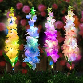 Solar Garden Lights, Solar Delphinium Flowers Lights Outdoor Garden Lights Solar Powered 4 Pack 80 LEDs, Yard Decorations Outdoor Waterproof Fall Solar Lights for Front, for Women