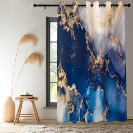 Renaiss Blue Gold Marble Blackout Curtains, Modern Deep Blue Marble Room Darkening Curtains for Bedroom, Modern Luxury Window Curtains for Living Room, 29Wx45L inch 2 Panels Set