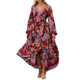 R.Vivimos Women's Boho Floral Print Maxi Dress V Neck Long Sleeve Elastic Waist Casual Flowy Slit Long Sundress (Medium, Black)