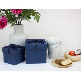 Emartbuy Set of 2 Rigid Luxury Square Shaped Presentation Gift Box, Dark Blue Gift Box with Satin Ribbon, Brown Interior and Golden Carry Handle