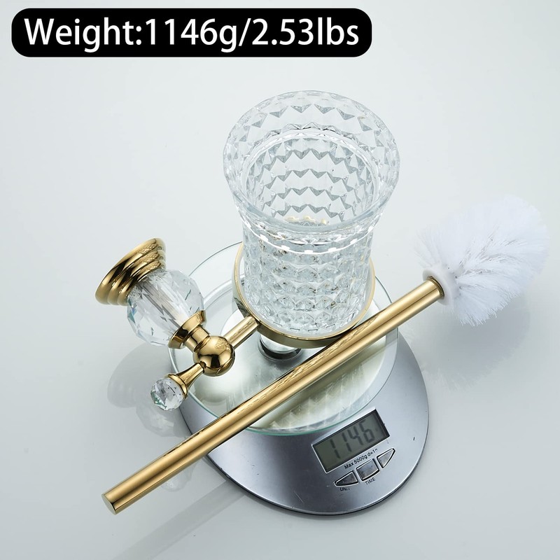 WOLIBEER Crystal Toilet Brush Holder, Polished Gold Brush Handle with