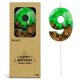 Pixel Birthday Candle, 2.68 Inch Miner Number Candles, Game Themed Candle Birthday Decoration for Pixel Theme Birthday Anniversary Dynamite Video Game Party (Green, 9)