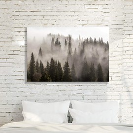Foggy Forest Picture Wall Art: Landscape Artwork Photographic Print on Canvas for Office (45"W x 30"H,Multi-Sized)