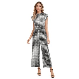 WDIRARA Women's Houndstooth Mock Neck Cap Sleeve Wide Leg Jumpsuit Pants Black and White M