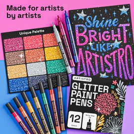 ARTISTRO 12 Glitter Paint Pens for Glass Marking, Rock Painting, Ceramic, Wood, Fabric, Scrapbooking, DIY Craft Making, Coloring - Acrylic Paint Markers Extra-Fine Tip 0.7mm