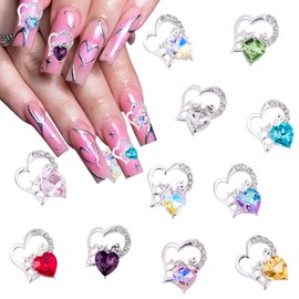 12Pcs Silver Heart Nail Charms 3D Alloy Valentine Rhinestone for Nails Heart Nail Art Charms with Shiny Nail Rhinestones Crystal Heart Love Nail Gems for Acrylic Nail Decor Women DIY Craft Accessories
