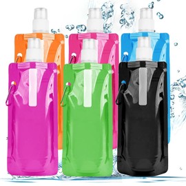Foldable Drinking Bottle, Pack of 6 Portable Foldable Water Bag, Foldable Water Bottle Set, Reusable Water Bottle with Carabiner, for Hiking, Adventure, Travel, Unisex Adult (500 ml)